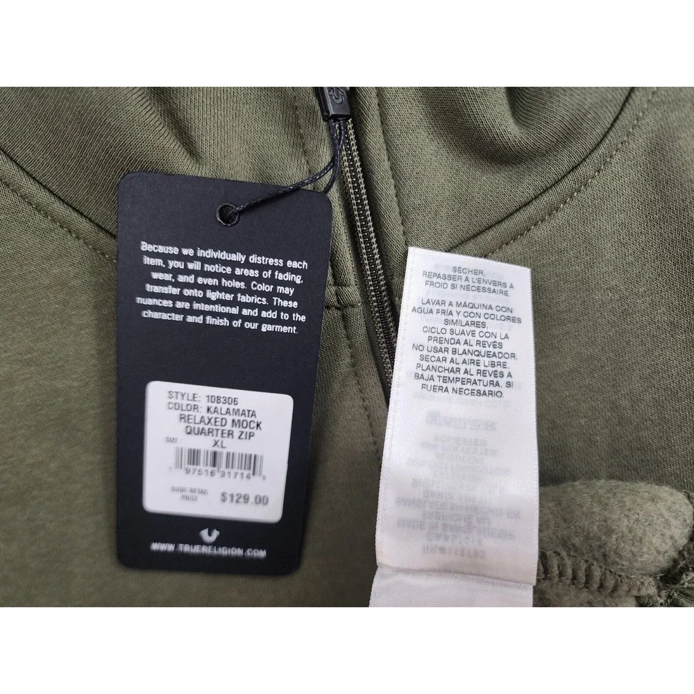True Religion sweatshirt adult Extra Large XL zip green 108306 relaxed $129 mens